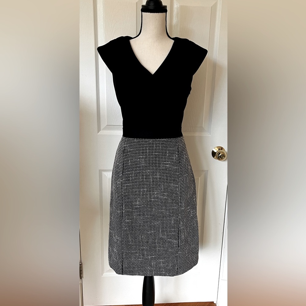 Tahari Black Top with Black-and-White Houndstooth Midi Skirt Dress